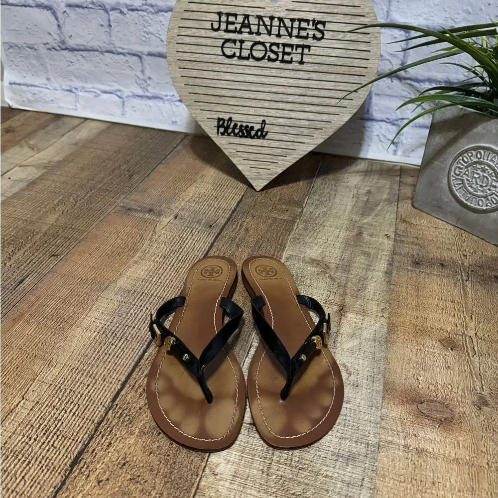 Tory Burch black patent leather mini logo sandals
